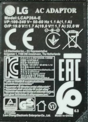 Блок живлення 6.5x4.4 19v 1.7a 32W DC LG (LCAP26A-E ADS-32FSG-19) Оригінал новий